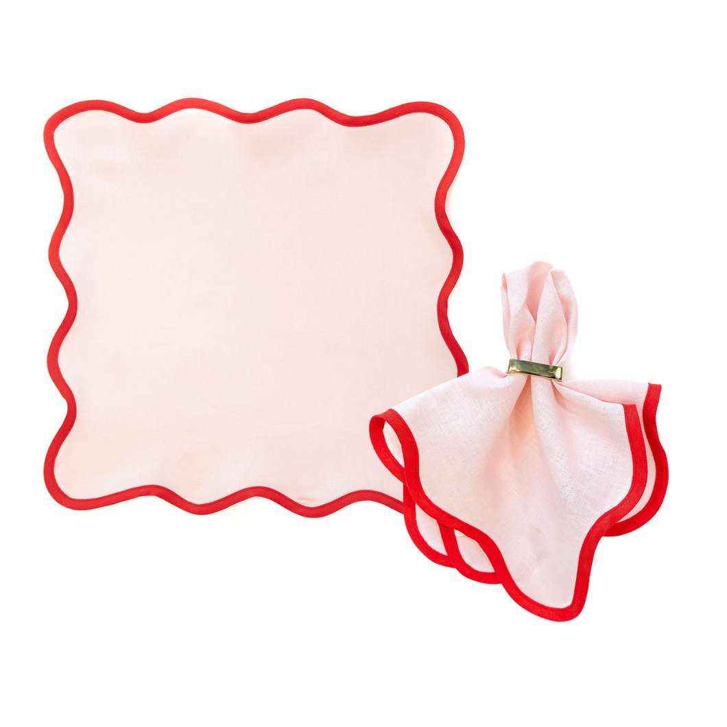 Set of 4 Linen Scalloped Square | Peony Pink with Red Trim Napkins