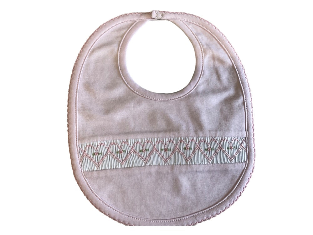 Kissy Kissy Smocked Bib Pink with White Hearts