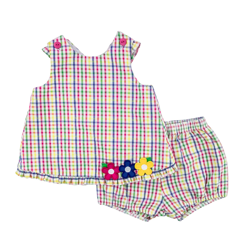 Plaid Seersucker Top and Bloomer Set with Flowers