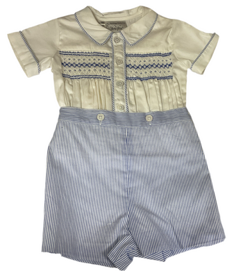 Wht/Blue Stripe Smocked Set-6m