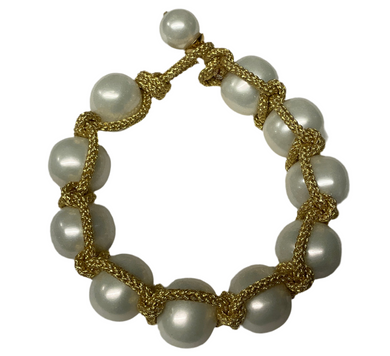 Macrame Knotted cord Bracelet-mac-pb-g14 : White Pearl/Gold