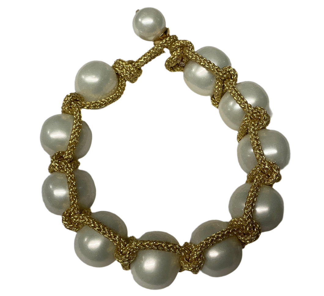 Macrame Knotted cord Bracelet-mac-pb-g14 : White Pearl/Gold