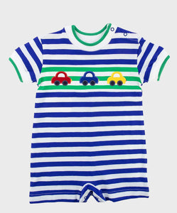 Blue Stripe Knit Shortall with Cars