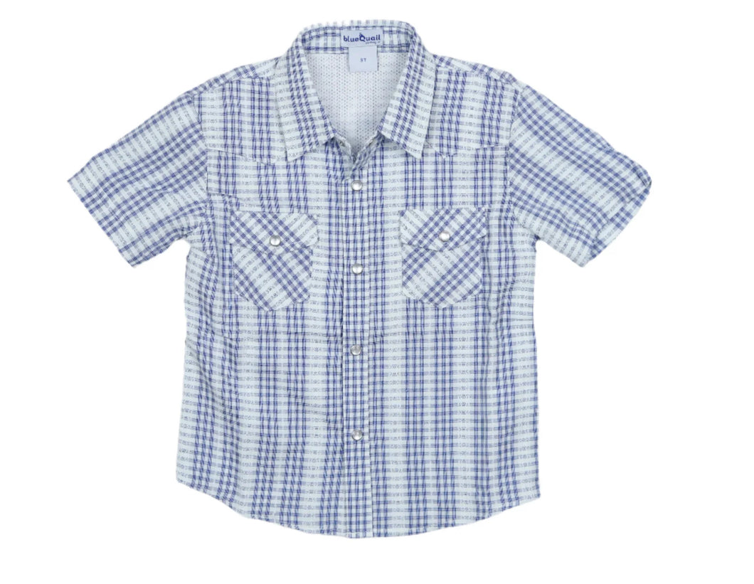 Navy Plaid Pearl Snap Short Sleeve Shirt
