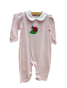 Pink stripe romper with ladybug