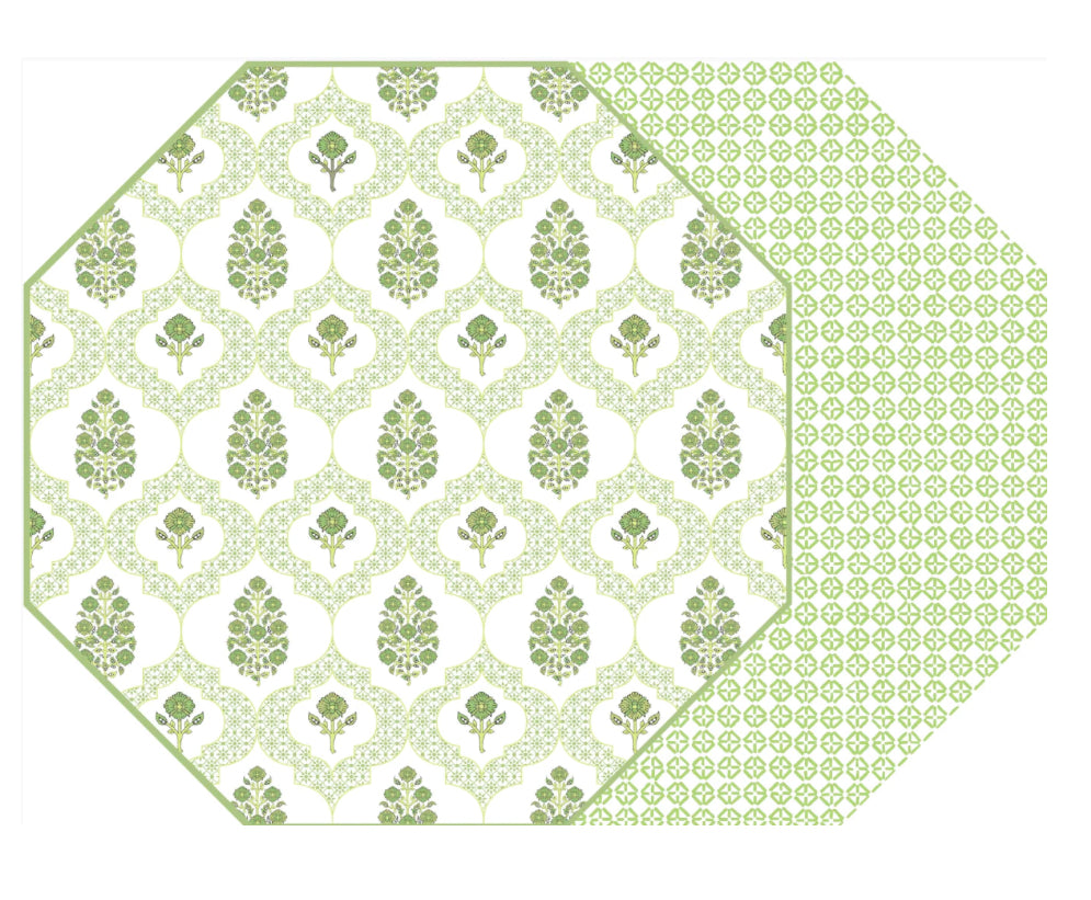 Octagonal Two Sided Indiennes Placemat - Lemon Lime