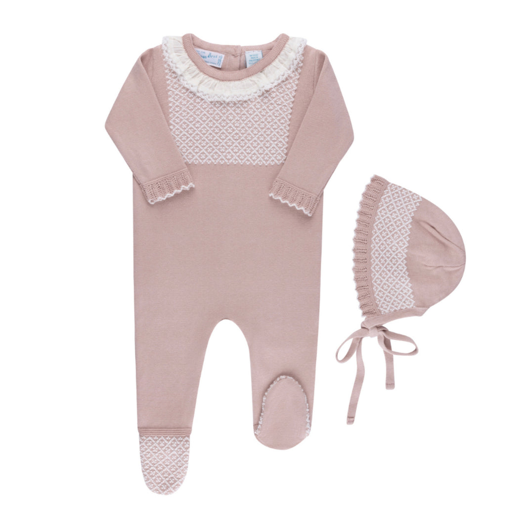 Girls Jacquard Ruffled Knit Romper & Bonnet