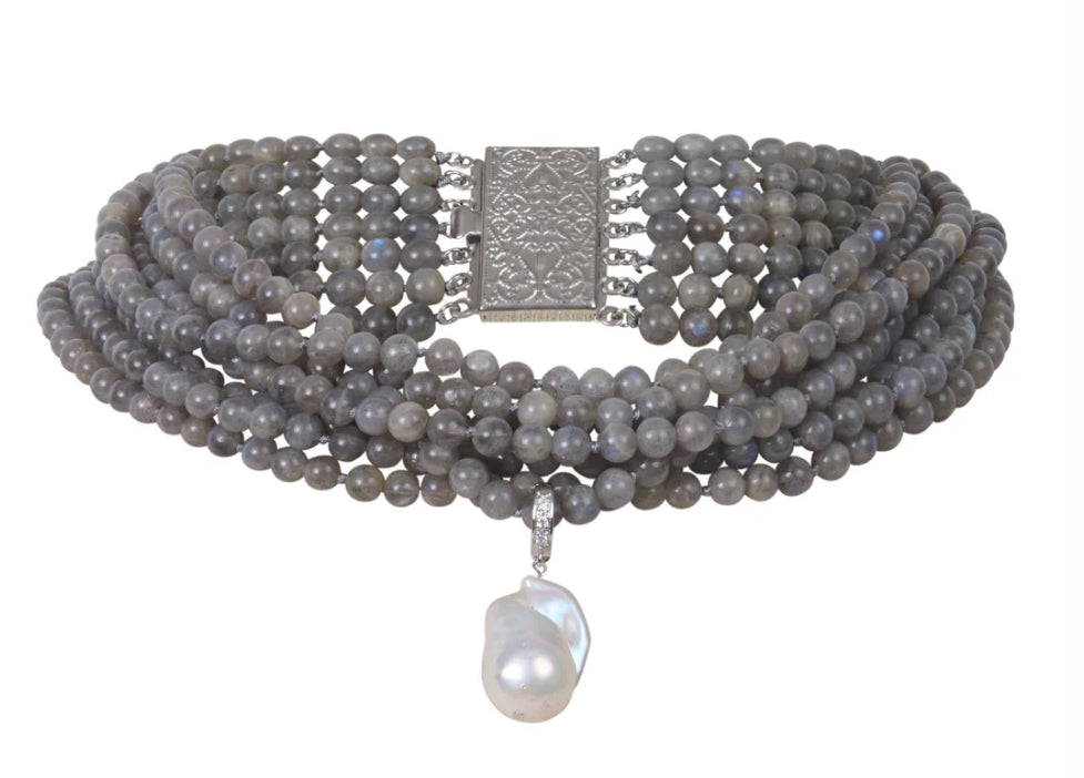 7-Strand Labradorite Beads W/Wild Pearl Drop - 111-07-S