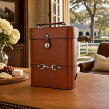 Premium Genuine Leather Double Wine Bottle Carrier / Tote with Bit Design