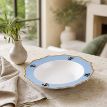 Bee Bone China Soup Plate Blue with Gold Rim