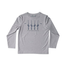Kid's Pro Performance Long Sleeve T-shirt in Heather Gray with Rods and Reels