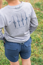 Kid's Pro Performance Long Sleeve T-shirt in Heather Gray with Rods and Reels