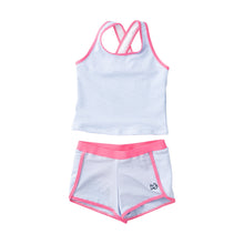 Girls' Seaside Tankini Set – Blue Seersucker with Pink Trim