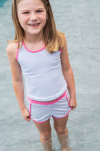 Girls' Seaside Tankini Set – Blue Seersucker with Pink Trim
