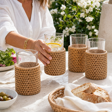 Drinking Glass Covered with Hand Woven Wicker Rattan - Set of 4