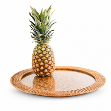 Round Serving Tray Hand Woven Wicker Rattan - Glass Insert