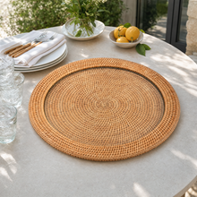 Round Serving Tray Hand Woven Wicker Rattan - Glass Insert