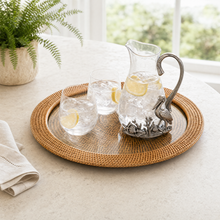 Round Serving Tray Hand Woven Wicker Rattan - Glass Insert