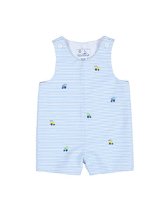 Stripe Birdseye Pique Shortall With Embroidered Trains