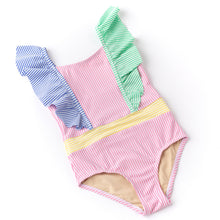 Ruffle Shoulder Swimsuit 1 Piece  MULTI SEERSUCKER