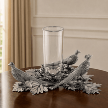 Pewter Pheasants Pillar Hurricane Centerpiece