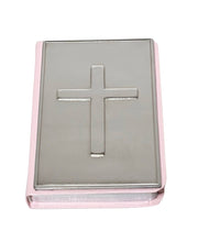 Pink Child's Size New Testament Bible With Engravable Pewter Cross Cover SKU:Bible12