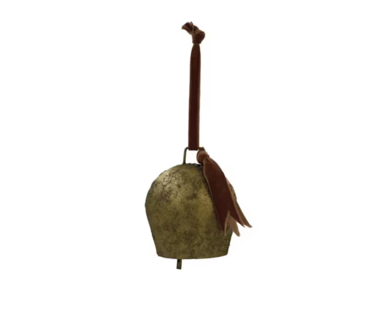 Metal Bell Ornament with Velvet Ribbon, Antique Gold Finish