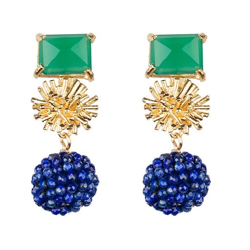 Sunburst with Emerald Cut Green Onyx & Lapis Beaded Ball Earrings