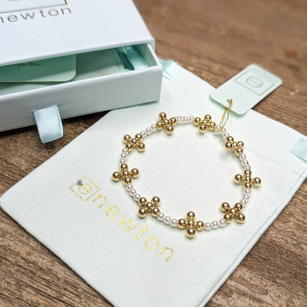 Signature Cross Sincerity Pattern Pearl 3mm Bead Bracelet - Classic Beaded Signature Cross Gold 4mm Bead Gold