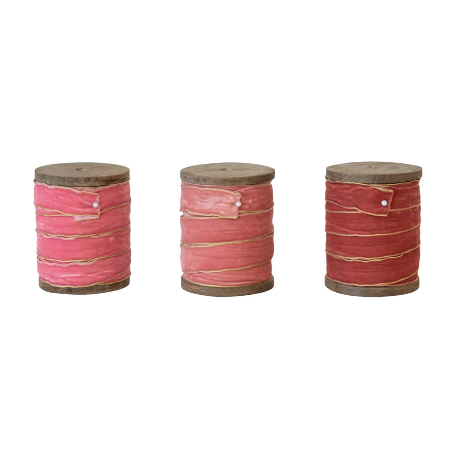 5 Yard Velvet Ribbon w/ Metallic Edges on Wood Spool, 3 Colors Pink